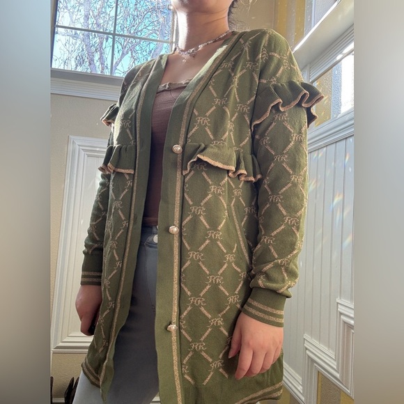 Jackets & Blazers - Stylish Olive Cardigan with Beige Ruffles